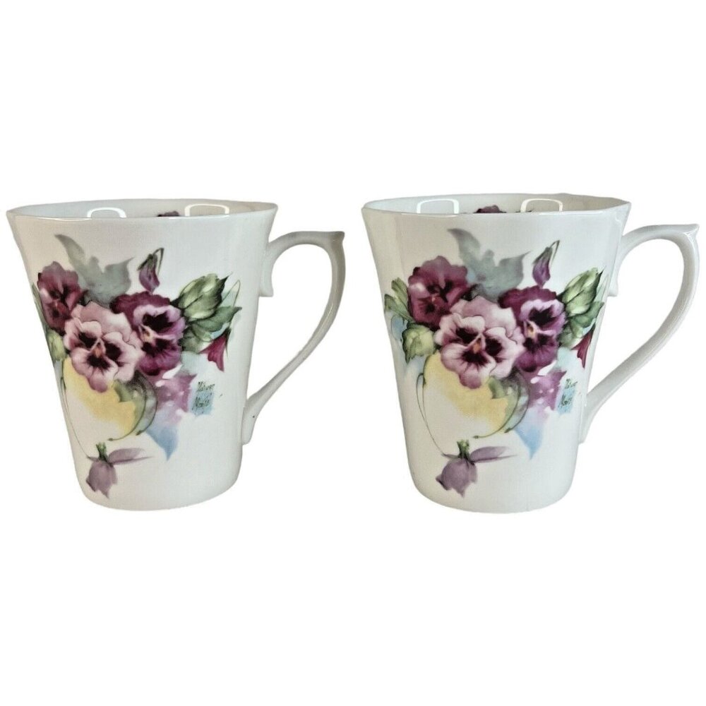 2 Royal Patrician Fine Bone China Mugs Pink &‎ Purple Pansies Staffordshire bd&s